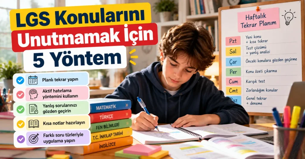 LGS konularını unutmamak için haftalık tekrar programı hazırlayan öğrenci