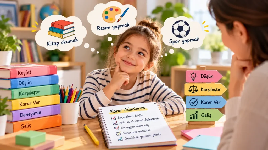 Çocuklarda karar verme becerisini destekleyen etkinlikte seçenekleri değerlendiren çocuk